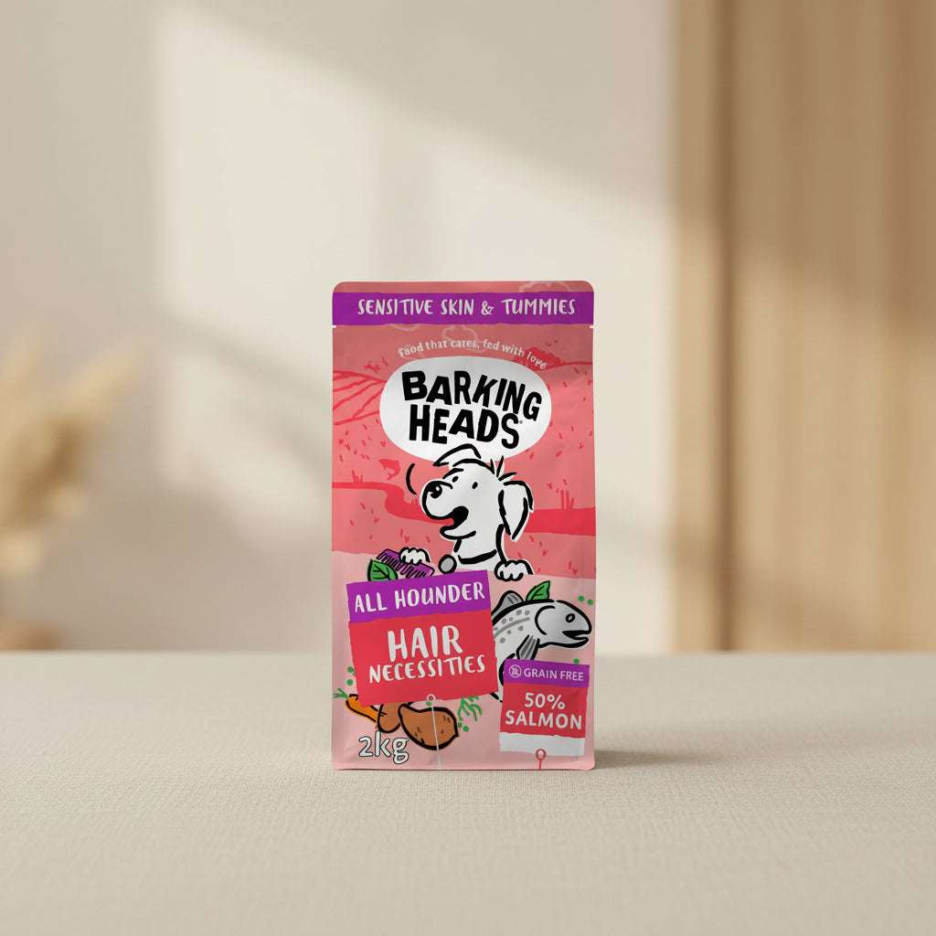 Barking Heads pet food package for sensitive skin and tummies on a white background