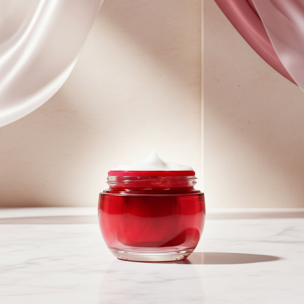 Olay Regenerist Ultra Rich Day Cream in a red jar with a white cream scoop on top, on a white background.