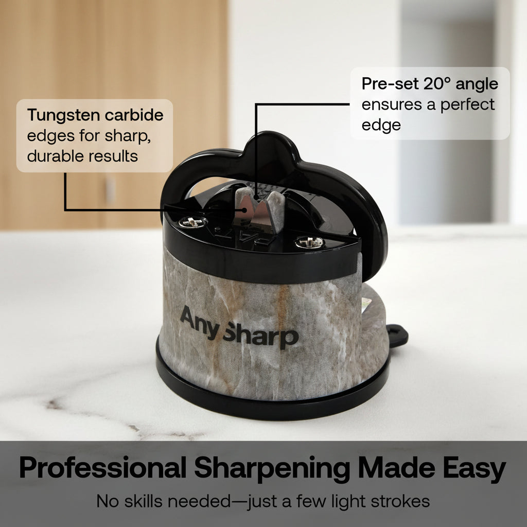 A cylindrical Any Sharp sharpening stone shown on a light marble surface with callout text explaining tungsten carbide edges and a pre-set 20° angle, plus marketing text at the bottom.