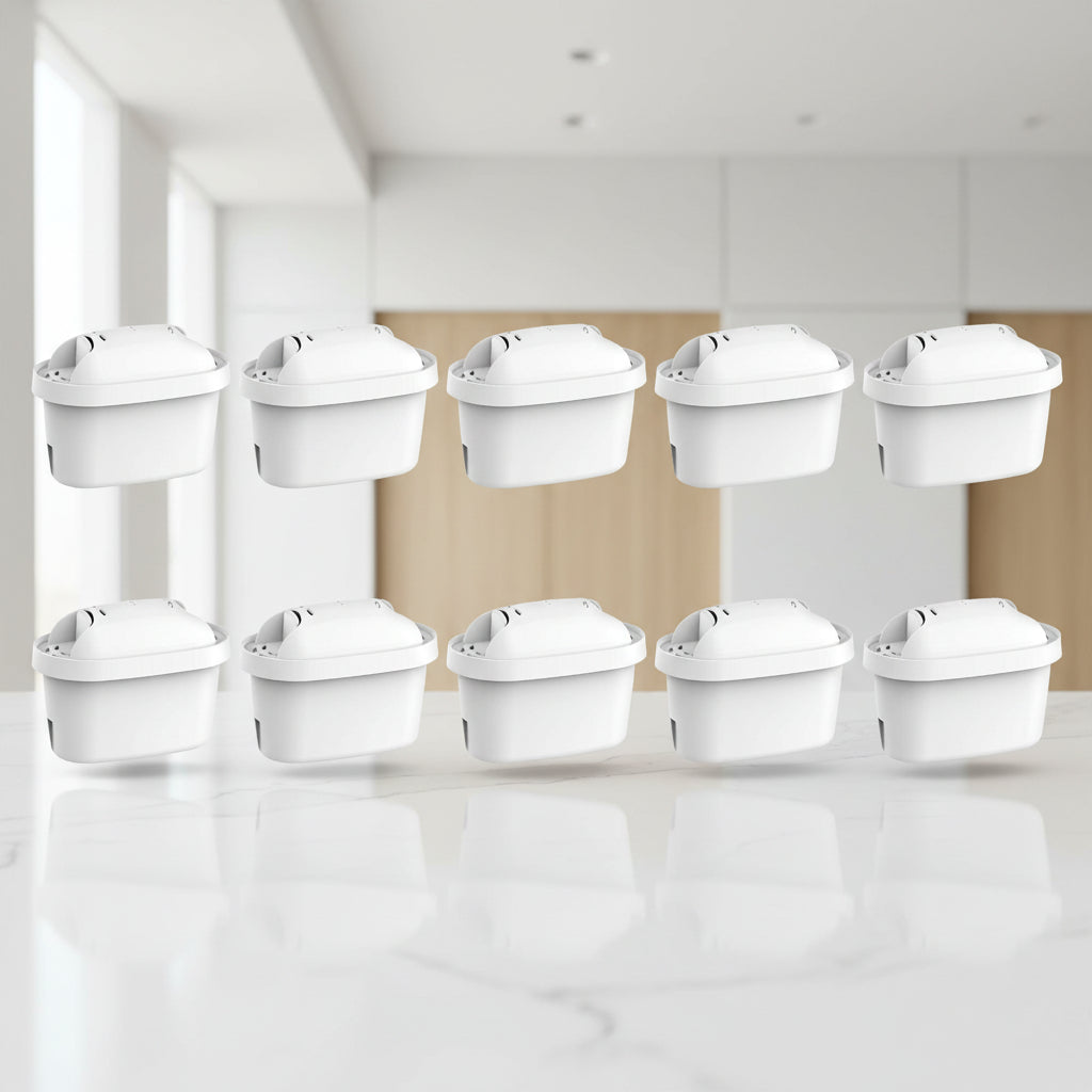 Six white rectangular replacement water filter cartridges arranged in two rows on a white background, with a small blue connector piece shown in the bottom-right corner.