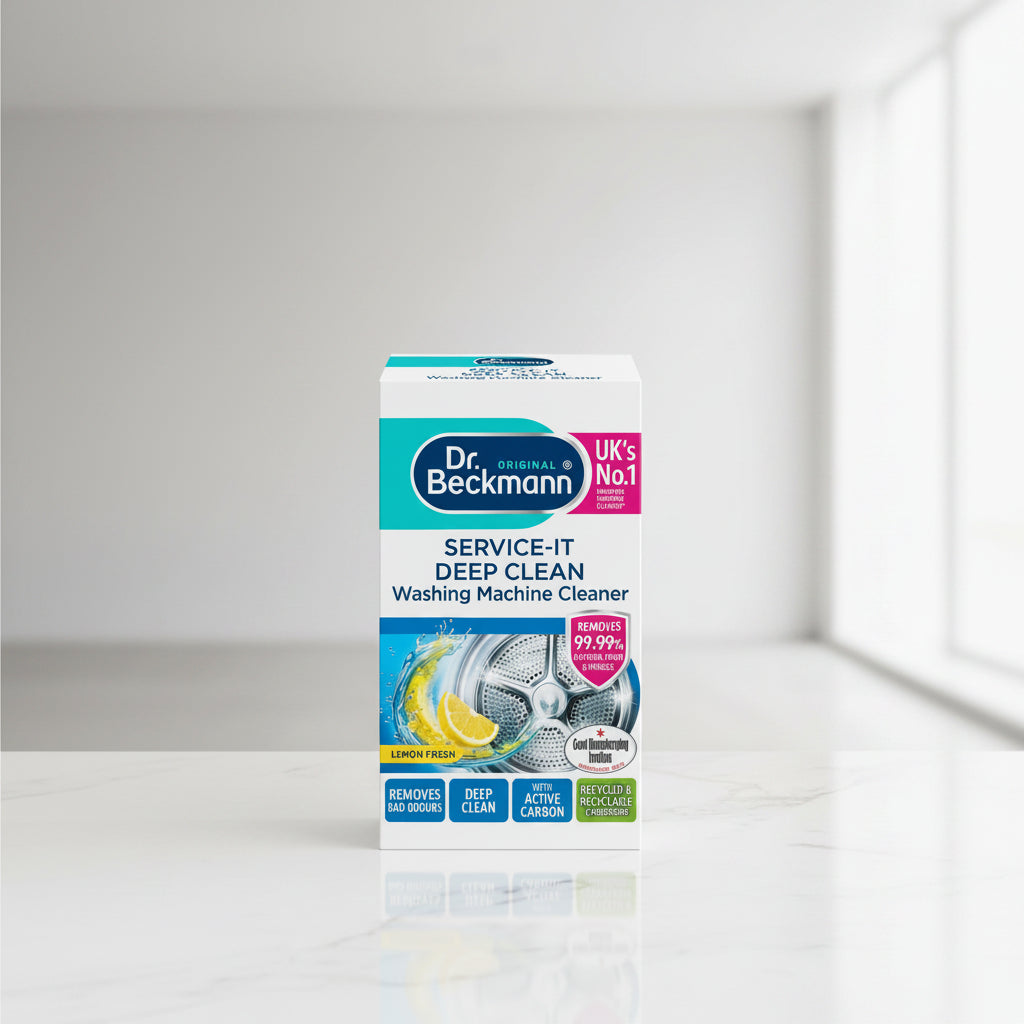 Dr. Beckmann Service-It Deep Clean Washing Machine Cleaner packaging with lemon fresh scent.