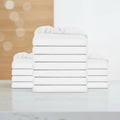 A stack of folded white bedding, likely sheets or a bedding set, shown against a plain white background.