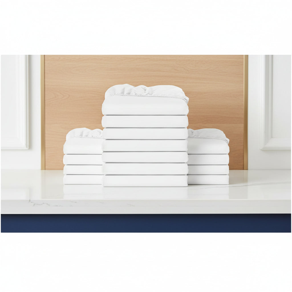 A stack of folded white bedding, likely sheets or a bedding set, shown against a plain white background.