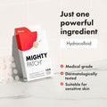 A box of Mighty Patch hydrocolloid patches shown on a clean studio background with marketing text. The package is white with a bold red shape and black text, and a blister pack of round white patches sits beside it.