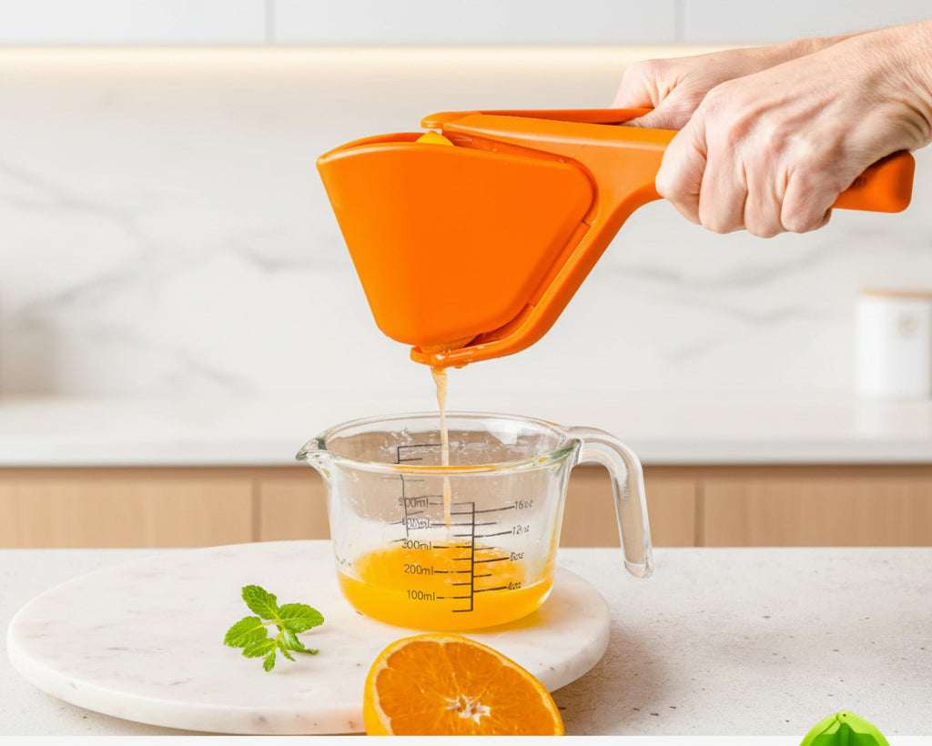 Orange juicer being used to extract juice into a measuring cup with a pink background.