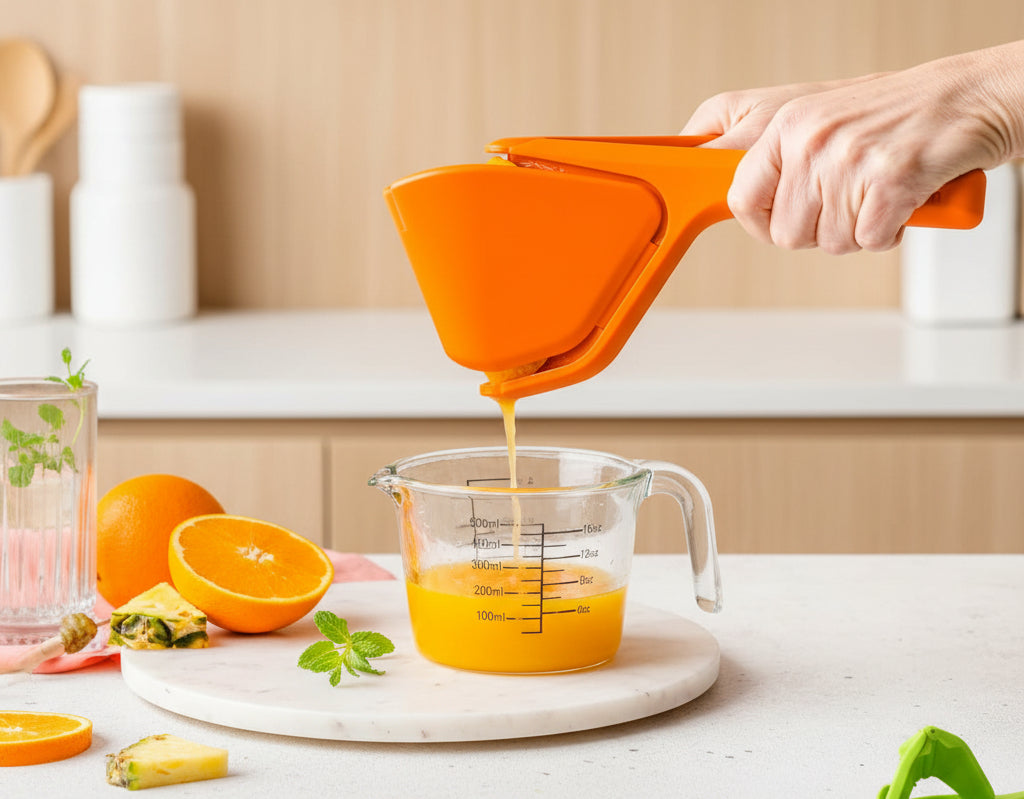 Orange juicer being used to extract juice into a measuring cup with a pink background.