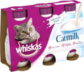 A six-pack cardboard carrier of Whiskas cat milk drink, featuring a gray tabby cat on the front, a splash of milk graphic, and text highlighting low lactose, calcium, and vitamins.