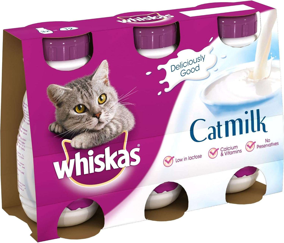 A six-pack cardboard carrier of Whiskas cat milk drink, featuring a gray tabby cat on the front, a splash of milk graphic, and text highlighting low lactose, calcium, and vitamins.