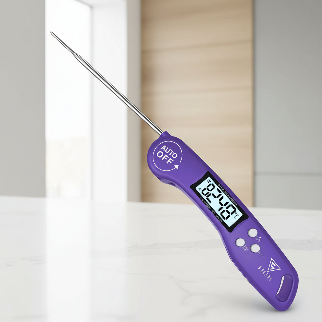 Purple digital multi-probe meat thermometer with rotating probes, shown with promotional text and graphics on a blurred grill background.