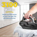 Person holding a Russell Hobbs iron with text highlighting its power and speed benefits.