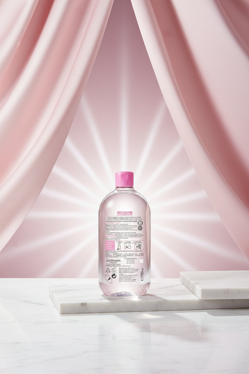 Back view of a Garnier micellar water bottle with pink cap and label.