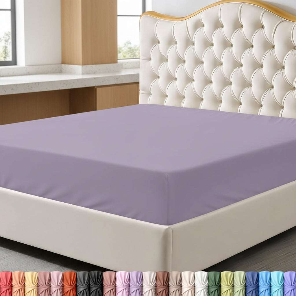 Packaged fitted sheet with color swatches and certification logos on a white background