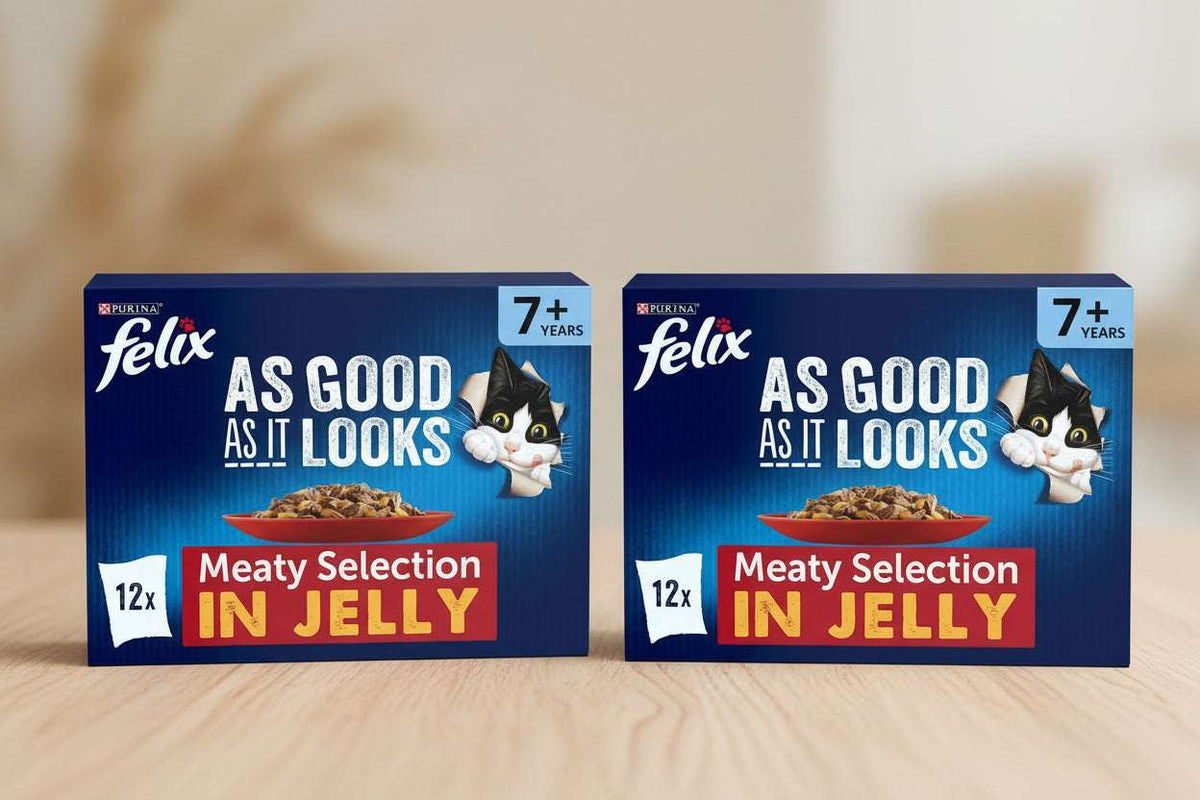 Two boxes of Purina Felix As Good As It Looks Meaty Selection In Jelly cat food, 12x count, 7+ years old, shown side-by-side on a white background.