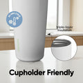 White tumbler with insulation features and 'Cupholder Friendly' text on a light blue background