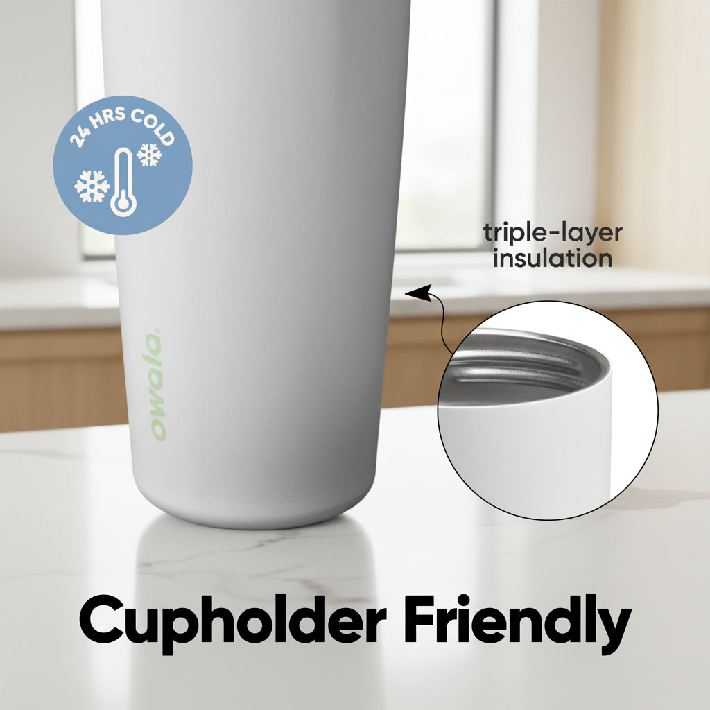 White tumbler with insulation features and 'Cupholder Friendly' text on a light blue background