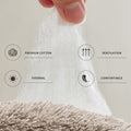 Textured fabric with icons and text indicating features like premium cotton, ventilation, thermal, and comfort.