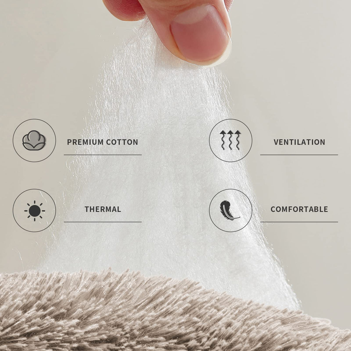 Textured fabric with icons and text indicating features like premium cotton, ventilation, thermal, and comfort.
