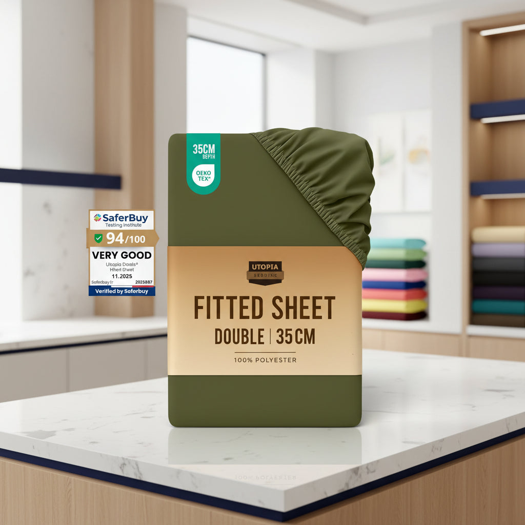 Stack of Utopia Bedding fitted sheets in various colors with a brown label.