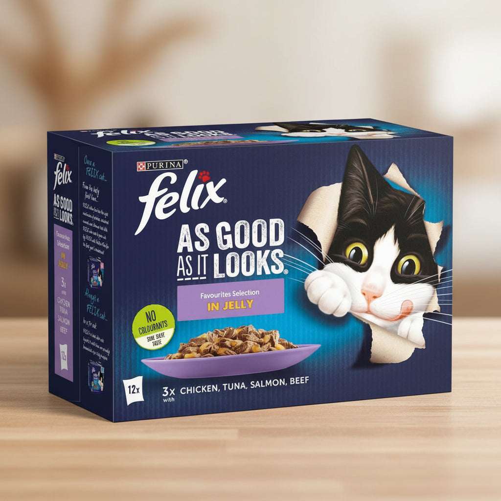 A box of Purina Felix cat food, 'As Good as It Looks' in Jelly flavor, featuring a black and white cat peeking out of the packaging. The box is dark blue with white and purple text and shows a bowl of wet cat food.