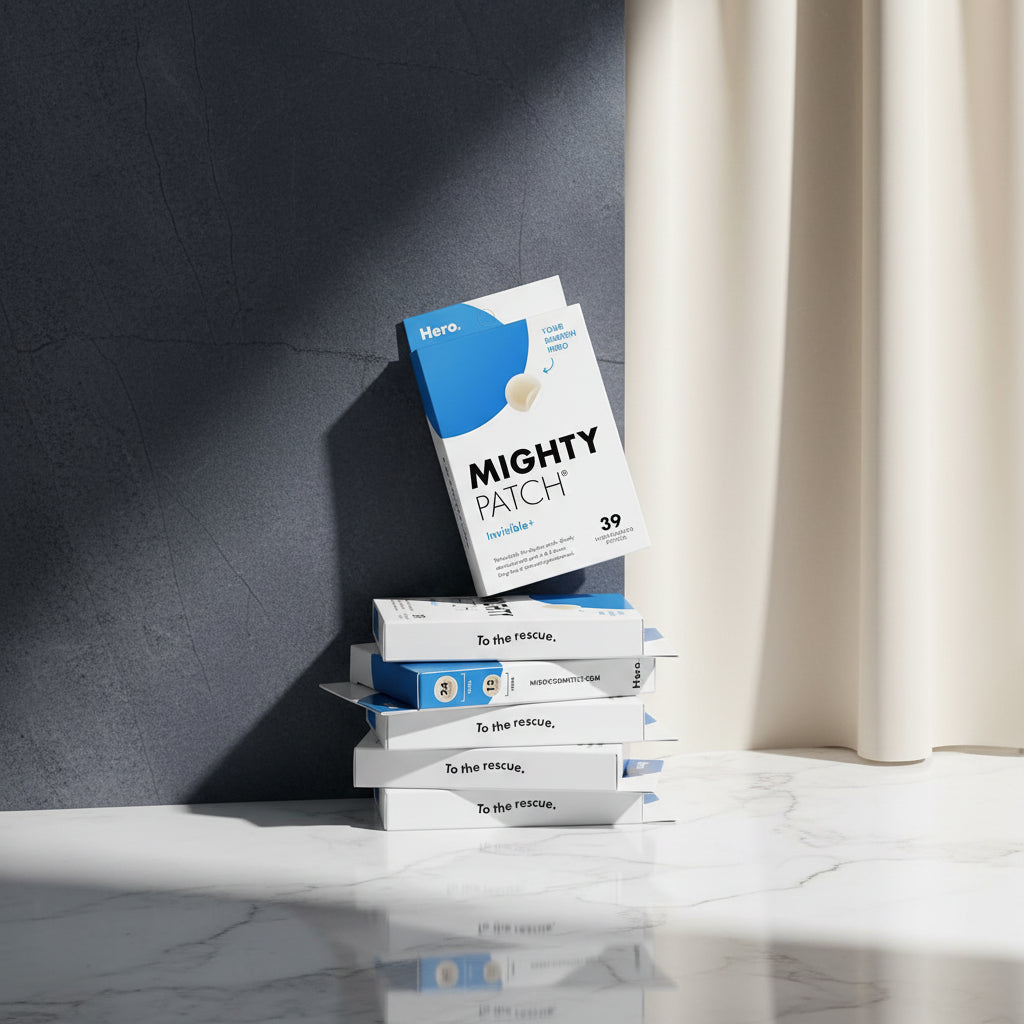 Mighty Patch packaging with text on a blue background