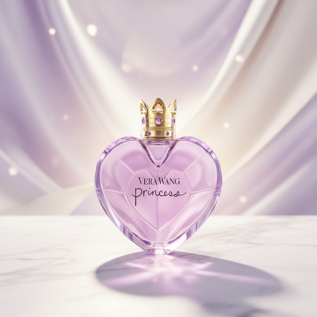 Vera Wang Princess perfume bottle with a heart shape and gold crown on a white background