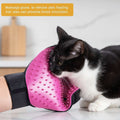 Cat using a pink massage glove held by a person with text about pet grooming benefits.