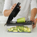 Person using a vegetable chopper to slice zucchini, with 'Trusted & Tested' text above.