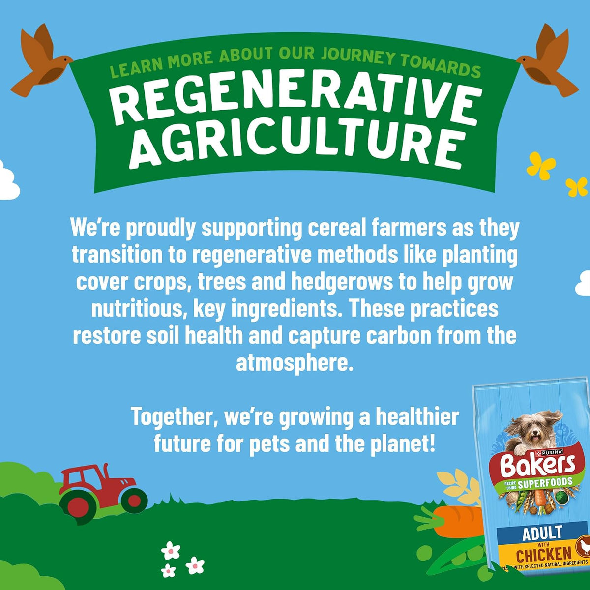 Advertisement for Bakers dog food with text about regenerative agriculture on a blue background.