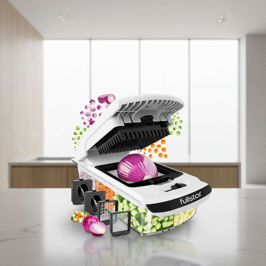 White and black Fullstar vegetable chopper and slicer countertop appliance shown open with a red onion inside, surrounded by inset graphics of different blade attachments and chopped vegetables on a white background.