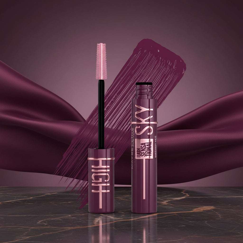 Mascara tube and wand in a deep plum purple shade, shown alongside a matching product smear on a white background. The packaging features metallic rose gold text reading 'HIGH SKY' and 'LASH SPENS A VIVALDI'.