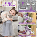 Cleaning tool with instructions and a child holding a cat in a living room setting.