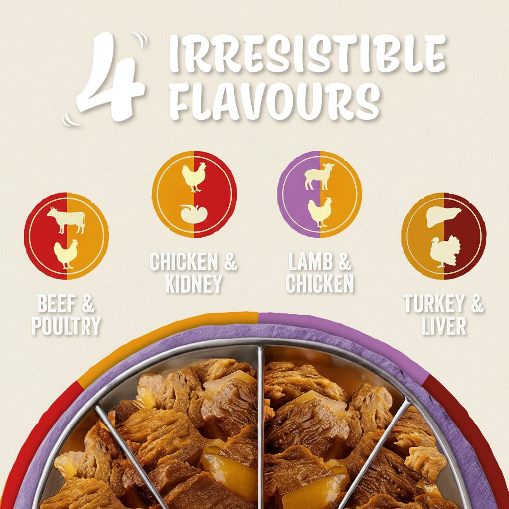 Dog food packaging with 4 irresistible flavors on a blue background