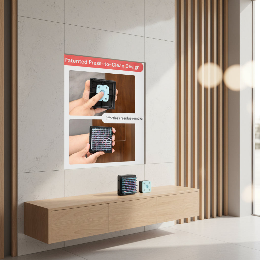 Product with patented press-to-clean design being used on a wooden surface.