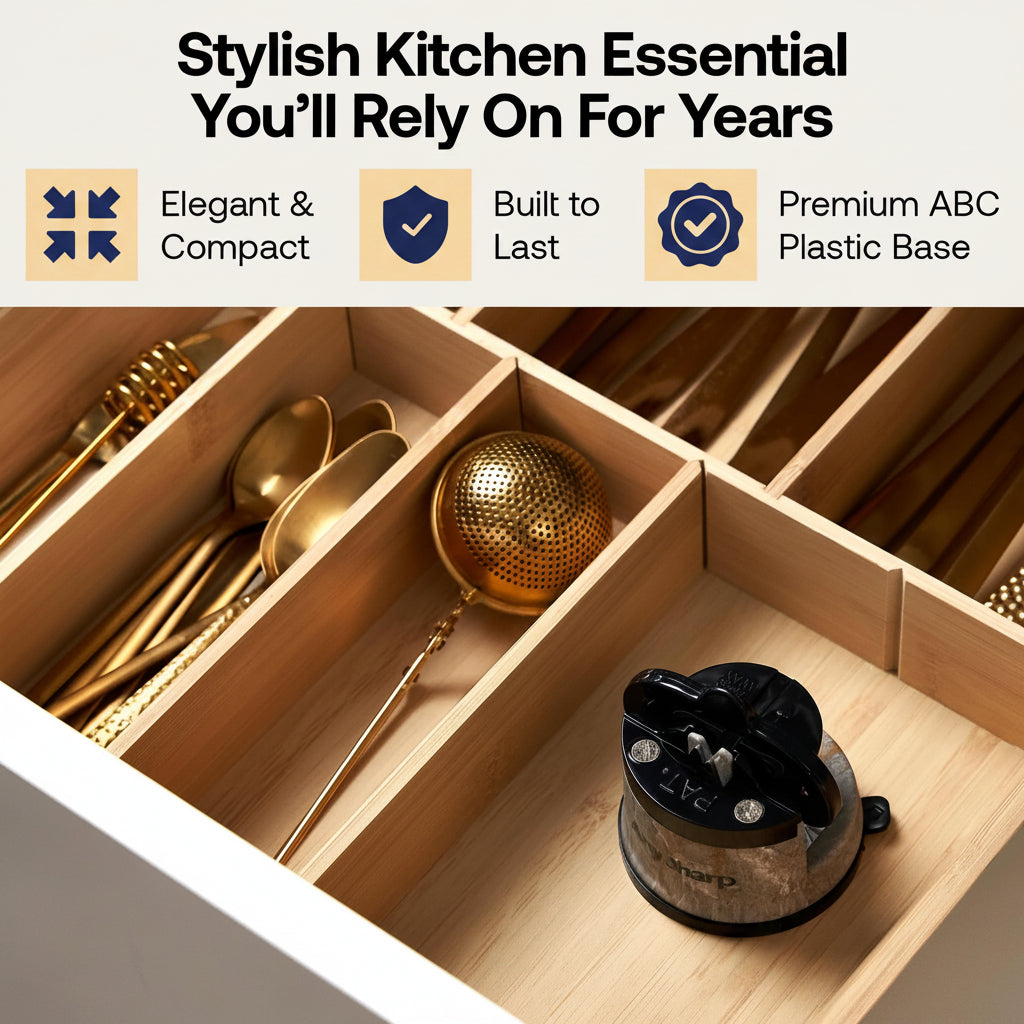 A kitchen drawer organizer made of light natural wood with divided compartments holding gold-toned utensils and a small black-and-silver kettle. Text at the top reads 'Stylish Kitchen Essential You'll Rely On For Years' with feature callouts: Elegant & Compact, Built to Last, and Premium ABC Plastic Base.