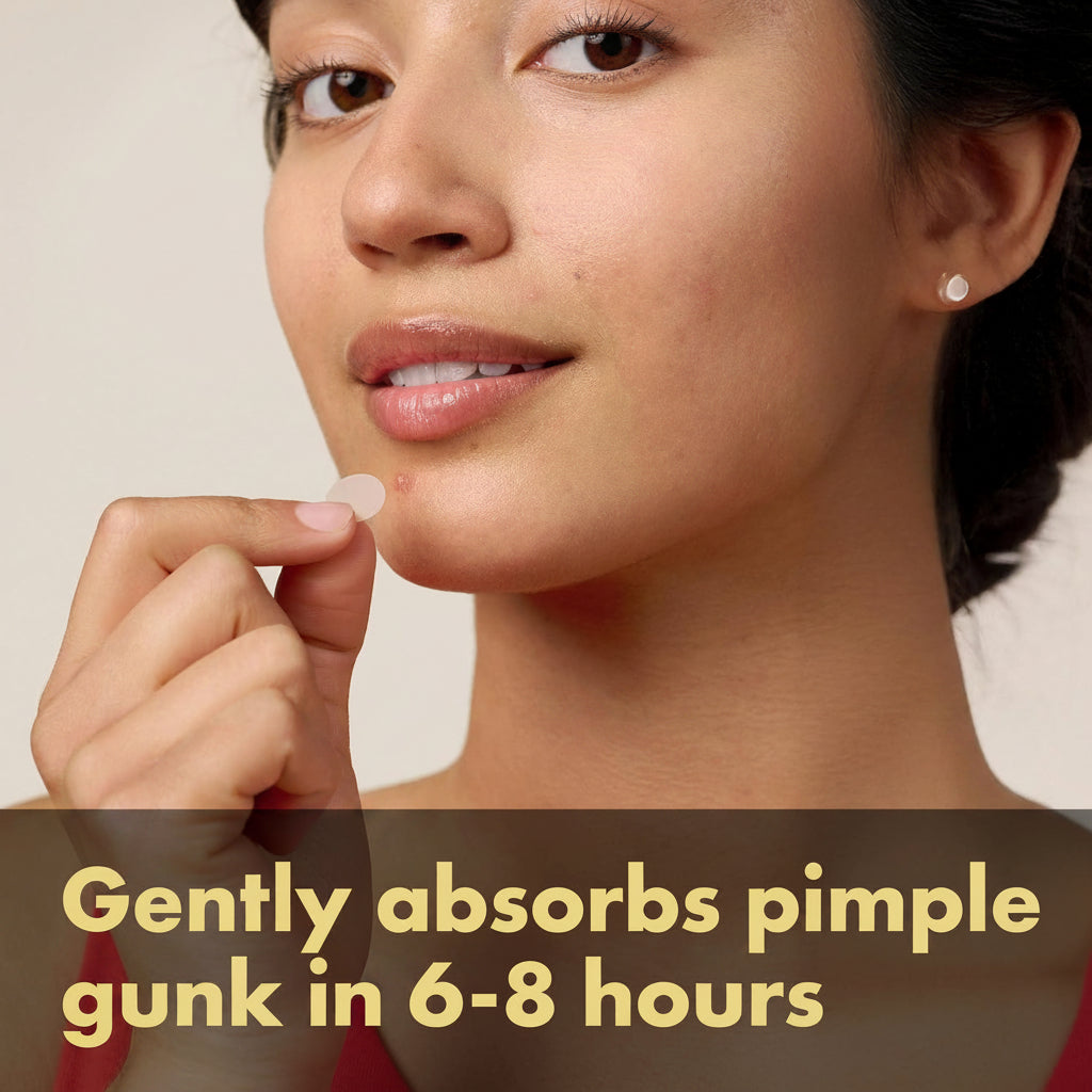 Close-up of a woman applying or absorbing a small round pimple gunk from her chin with her finger, with text reading 'Gently absorbs pimple gunk in 6-8 hours' on a light beige background.