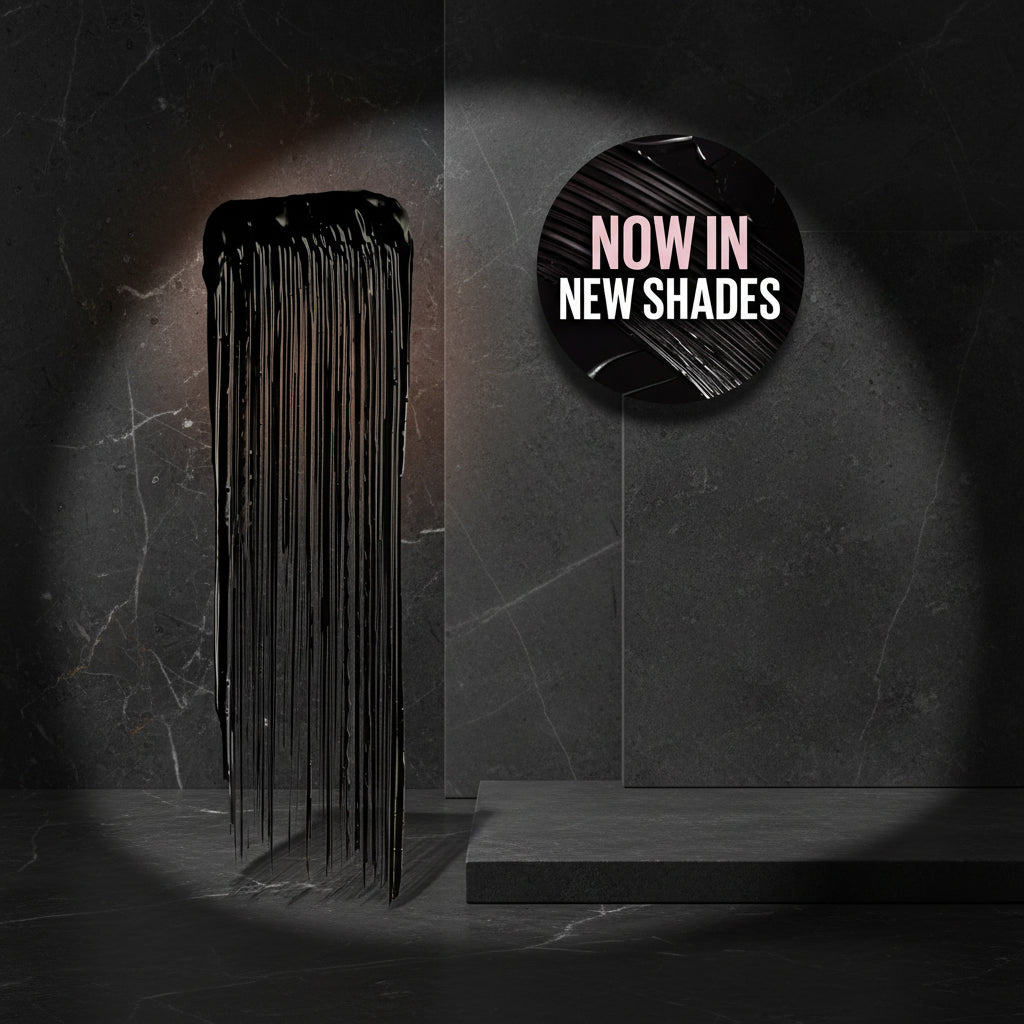 Black hair color swatch with 'Now in New Shades' text on a white background