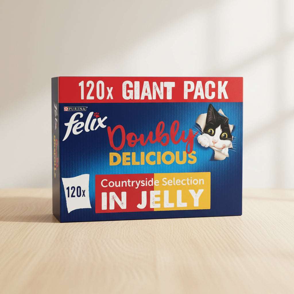 Purina Felix Double Delicious Countryside Selection in Jelly cat food, 120x Giant Pack box. The packaging features a dark blue textured background with a red banner at the top, white and red text, and a cartoon illustration of a black and white cat peeking out from the right side.