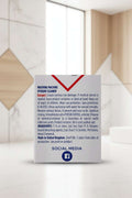 A close-up of a product label for 'Washing Machine Hygiene Cleaner' with warning text, ingredients, and a Facebook social media icon on a white background.