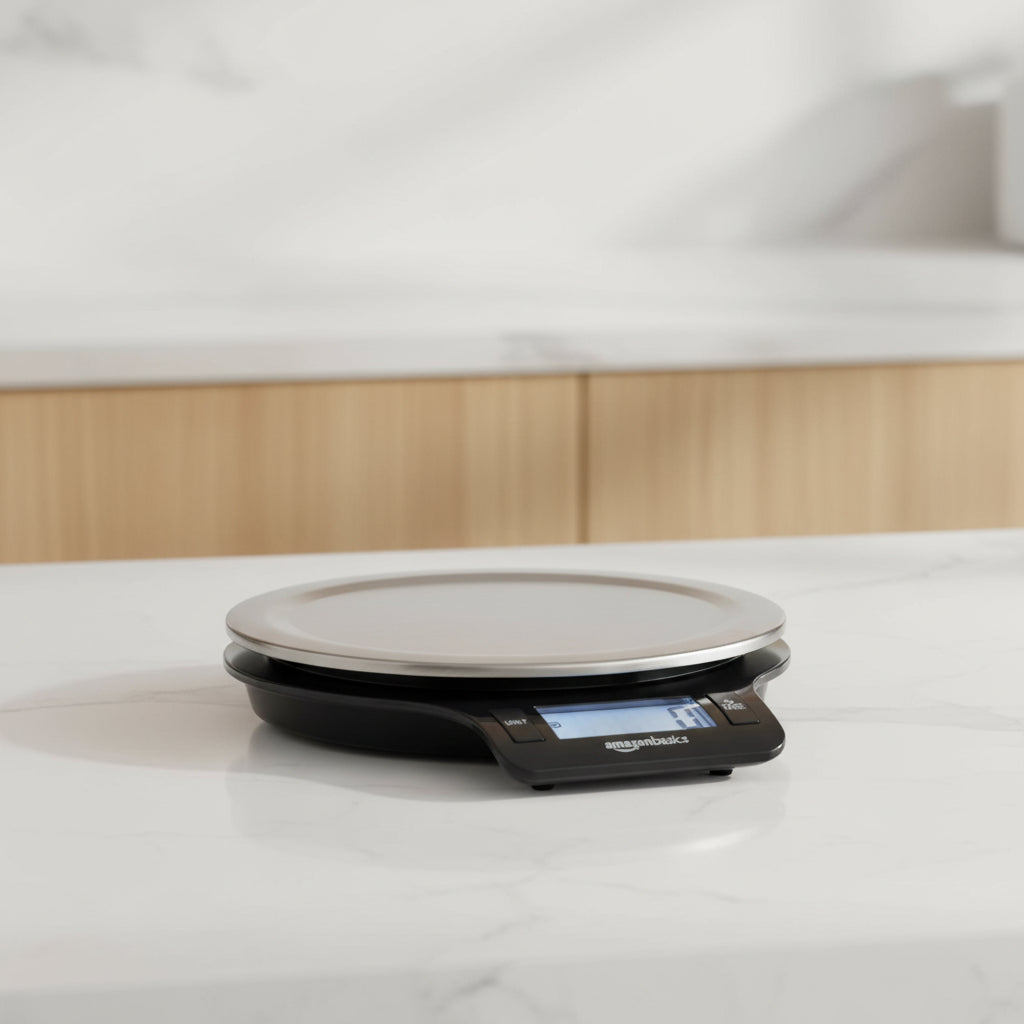 Digital kitchen scale with a clear platform on a white background