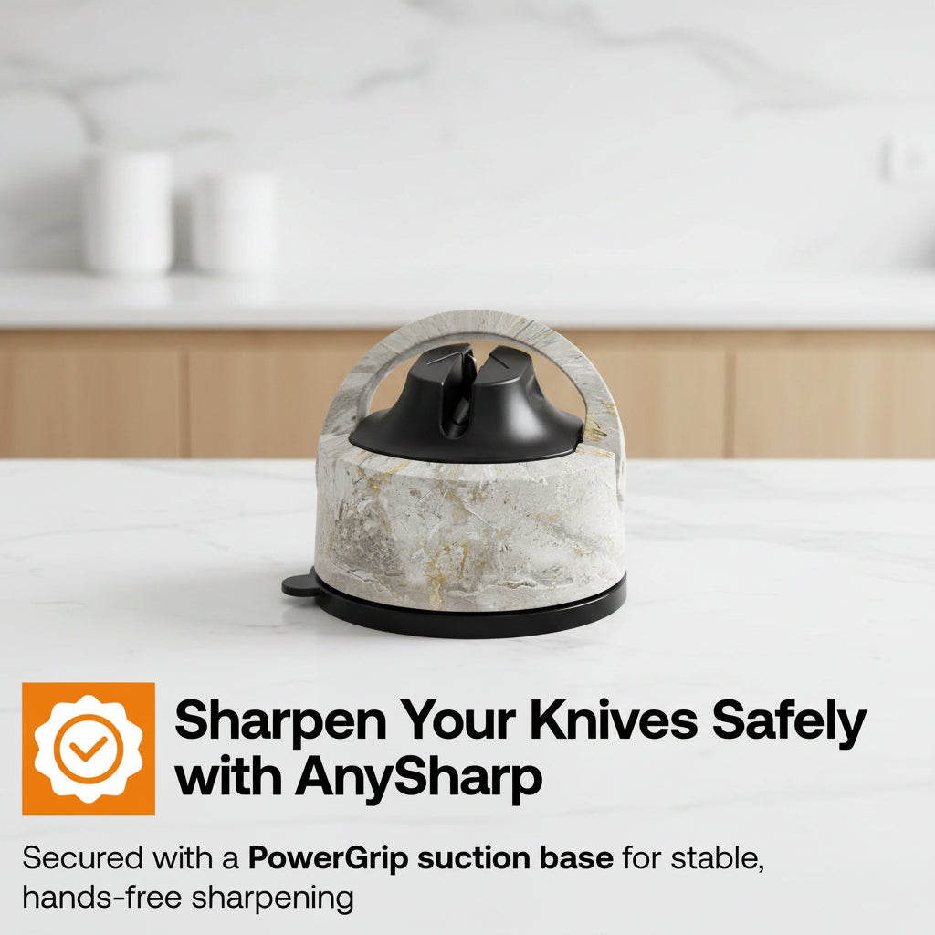A close-up of a hands-free knife sharpener with a black PowerGrip suction base and a textured gray and white stone-like body. A finger is pressing the top handle, and garlic is blurred in the background on a wooden dish.