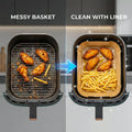 Comparison of an air fryer basket with food before and after using a liner.
