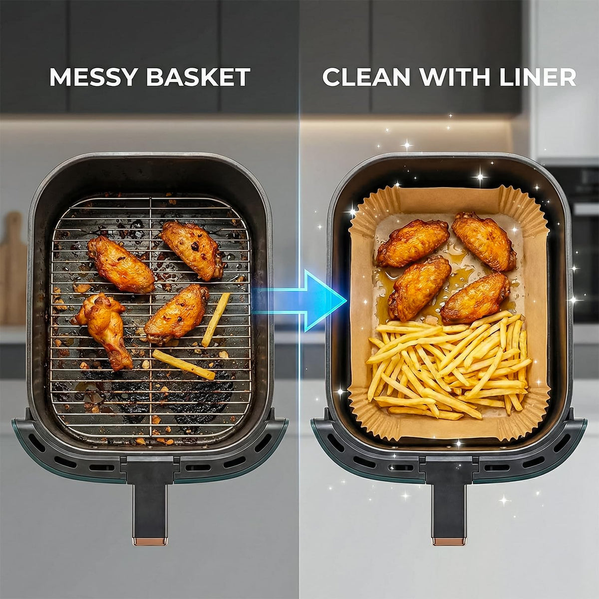 Comparison of an air fryer basket with food before and after using a liner.