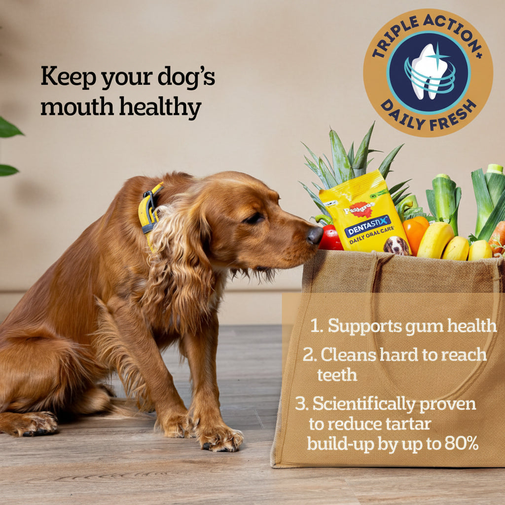 Dog sniffing a bag of Pedigree treats with product features highlighted.