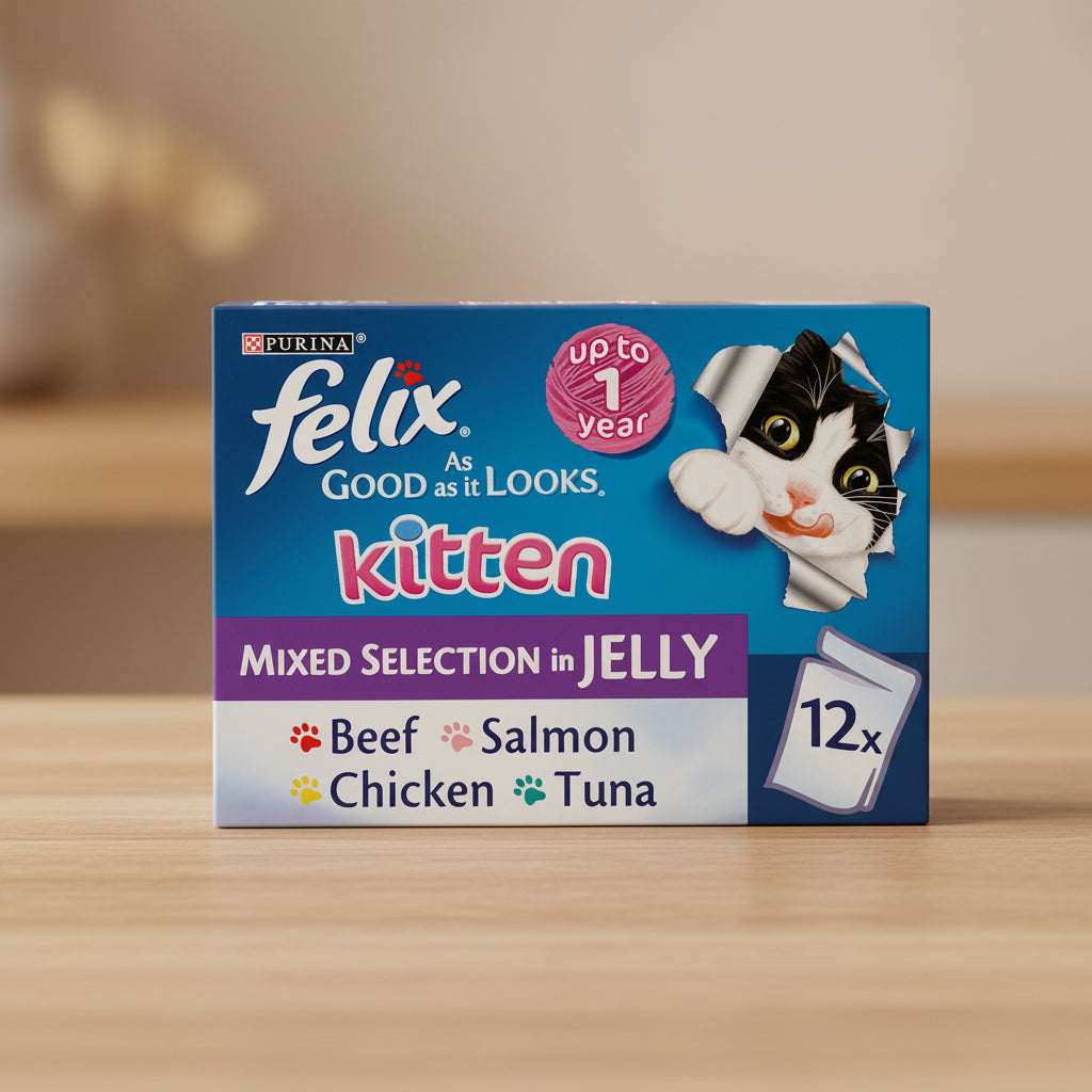 Purina Felix Kitten Mixed Selection in Jelly cat food box, featuring a blue package design with a cartoon cat peeking through a torn paper effect, product variants listed as Beef, Salmon, Chicken, and Tuna, and a 12-count pack shown.