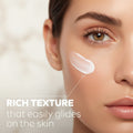 Close-up of a woman's face with a product applied, labeled 'Rich Texture that easily glides on the skin'.