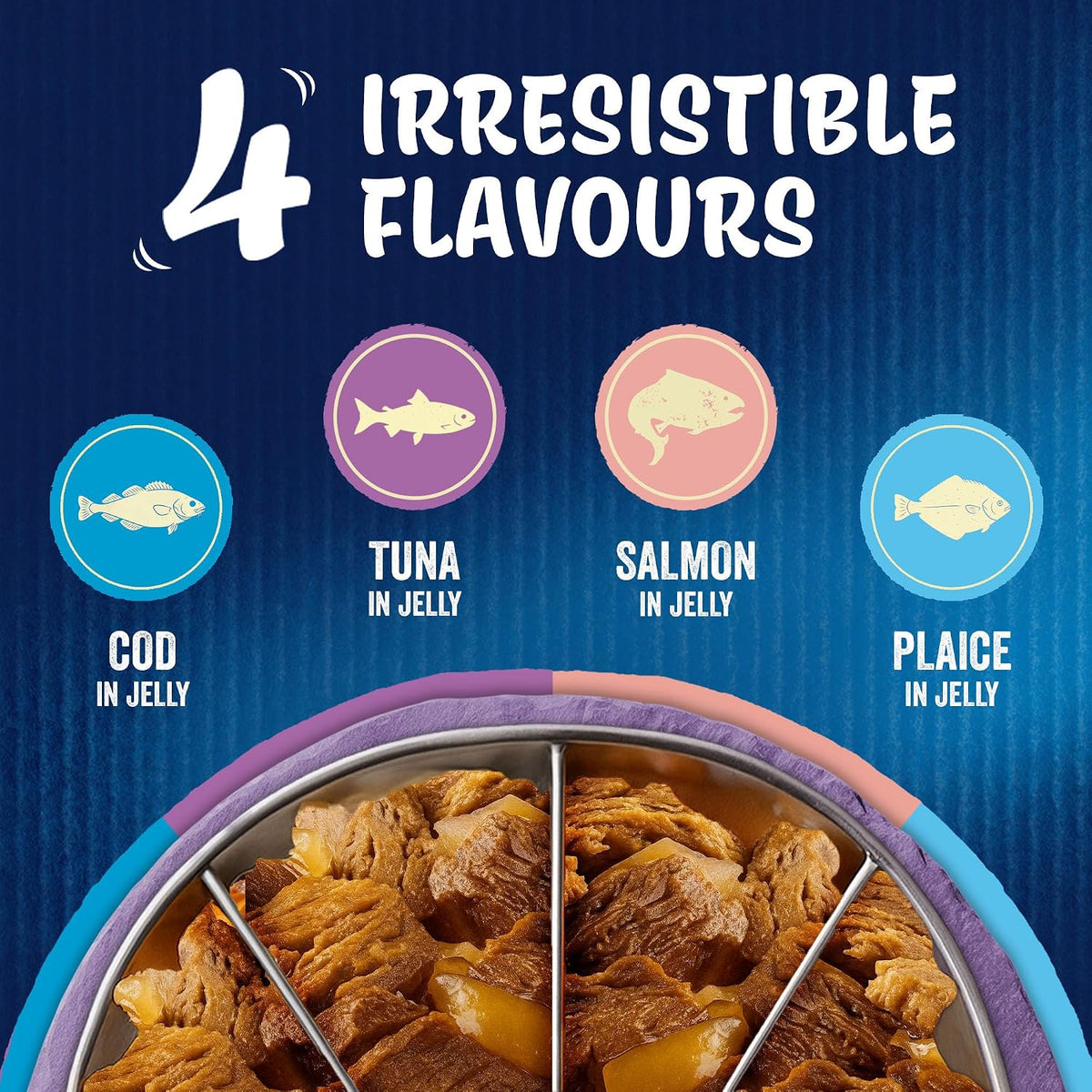 Cat food bowl with four different flavors of cat food on a blue background