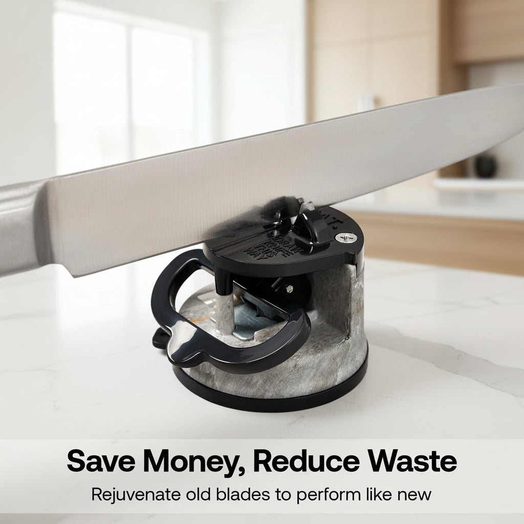 Knife sharpener on a kitchen counter with a knife and lemon slices in the background.