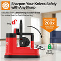 Red.AnySharp knife sharpener with text on a light gray background