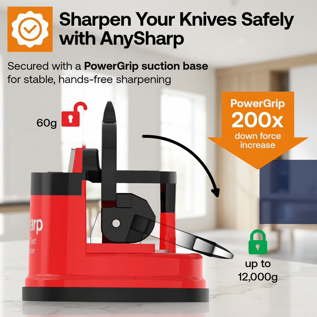 Red.AnySharp knife sharpener with text on a light gray background