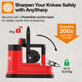 Red.AnySharp knife sharpener with text on a light gray background